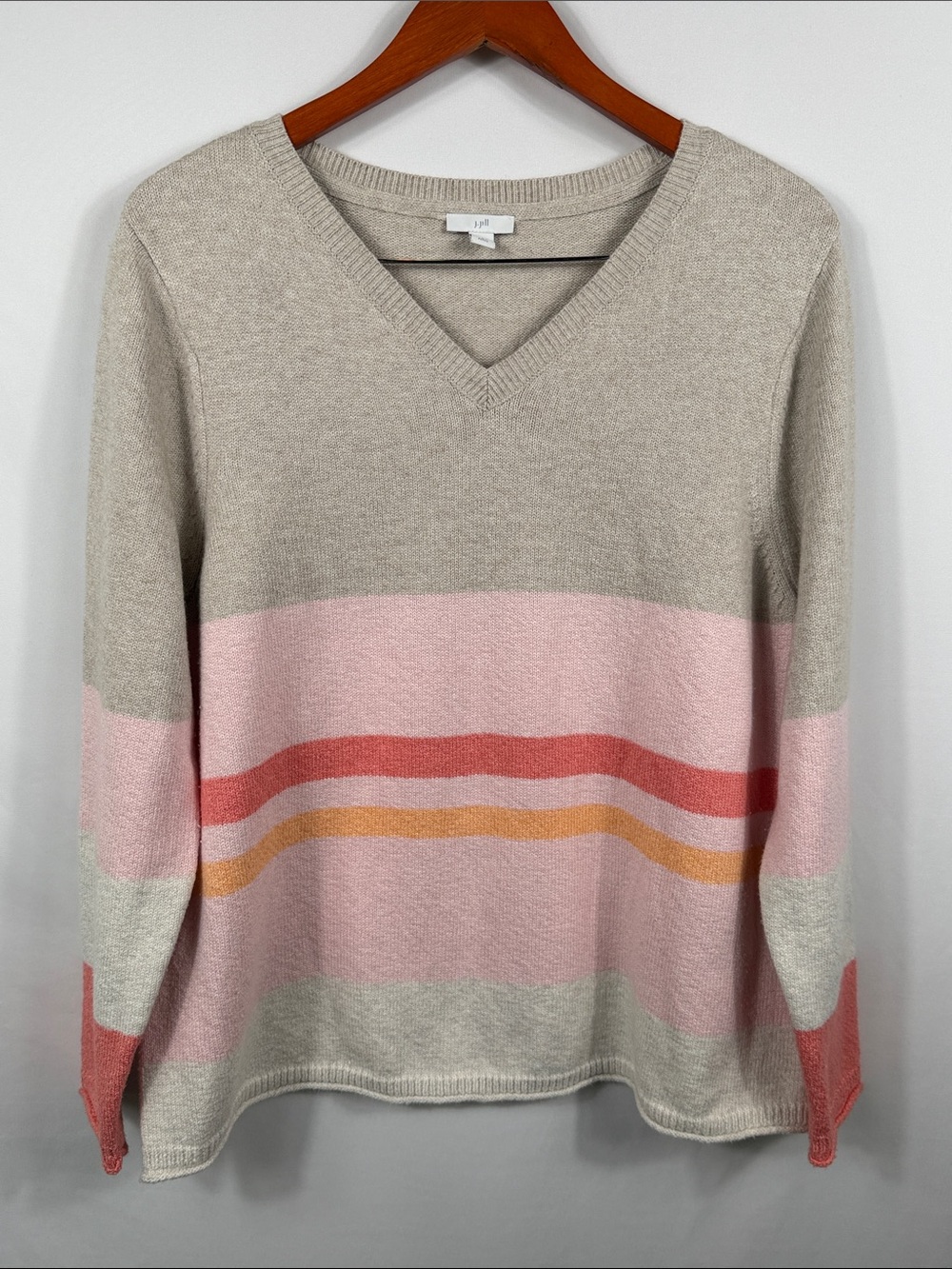 J. Jill Beige V-Neck Sweater with Pink and Coral Stripes. Size Large Petite